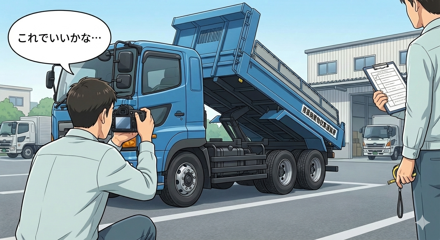 運搬車両を撮影しているイメージ 行政書士吉村法務事務所